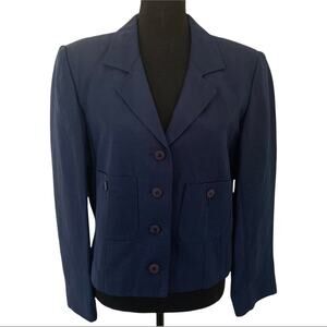 Vintage Linen Blend Career Business Blazer Navy Blue Size 8 Women's